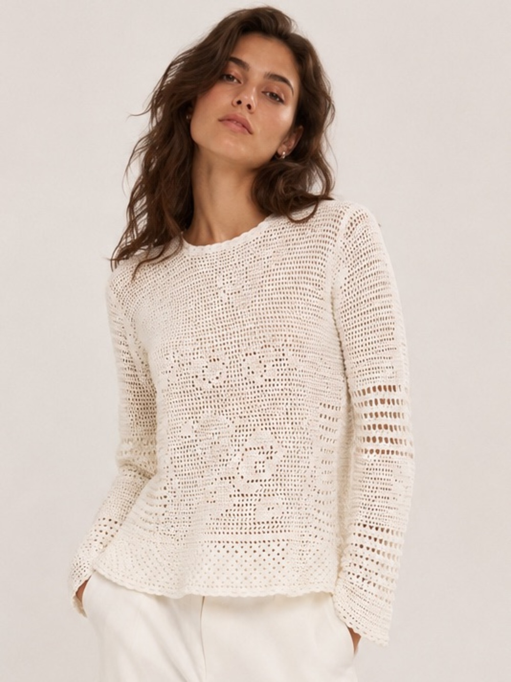 Handmade White Crochet Floral Motif Long Sleeve Cottagecore Boho Sweater